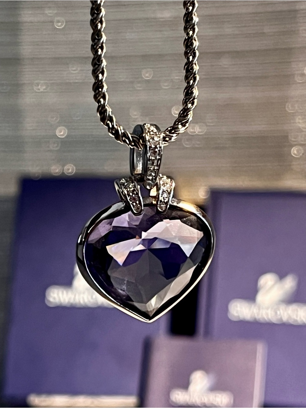 Swarovski Crystal Purple Heart Amethyst Necklace 16” Chain NEW